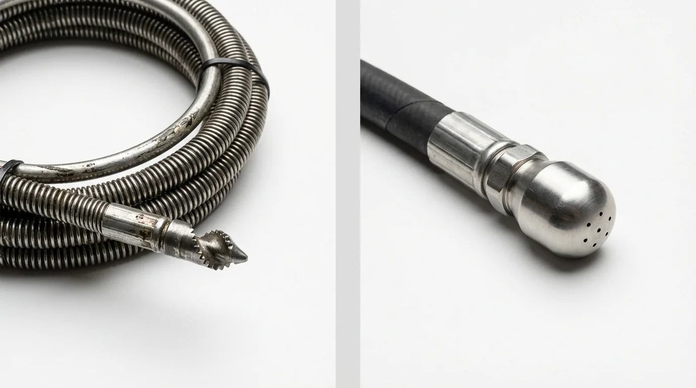 Drain snake cable and hydro jetting nozzle used for drain cleaning in Princeton, WI