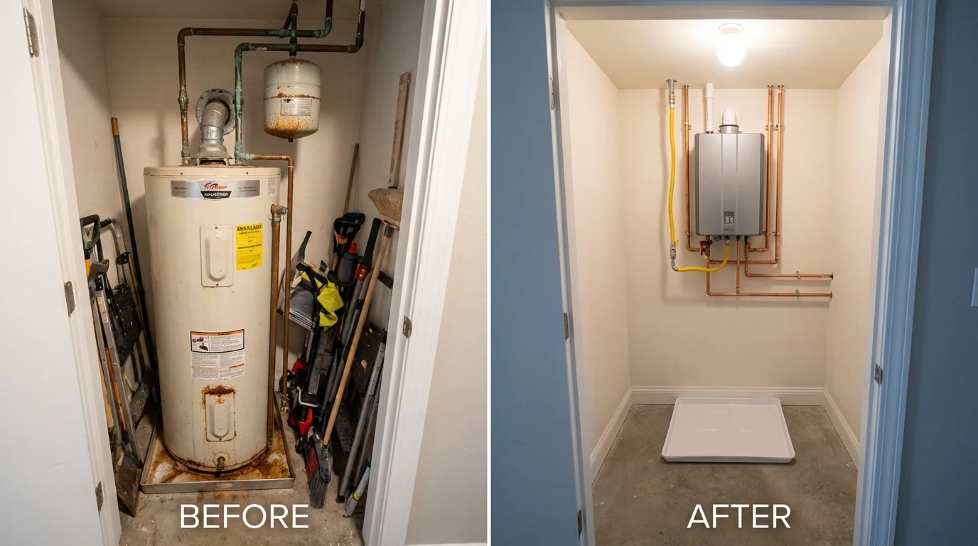 Tank water heater versus wall-mounted tankless unit comparison for Princeton, WI homeowners