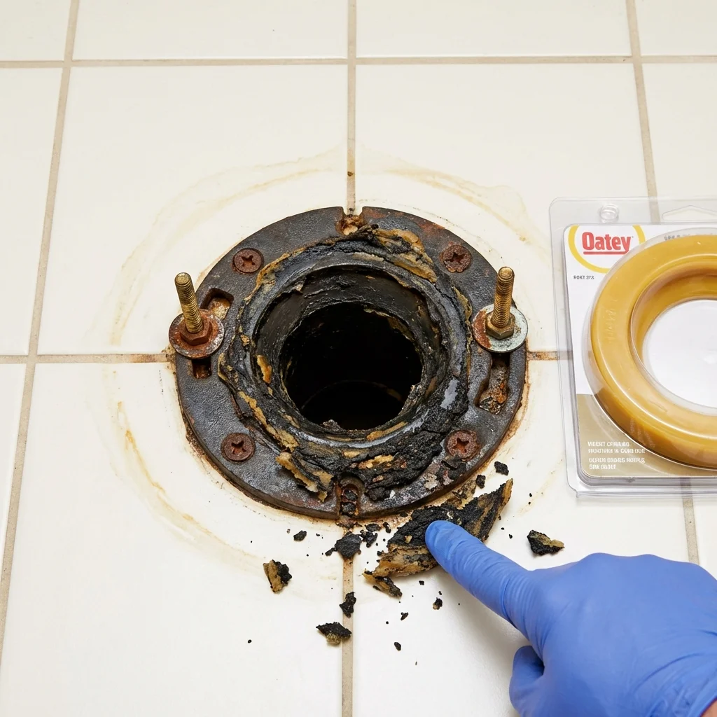 Failed wax ring showing water seepage at the base of a toilet in a Princeton, WI home