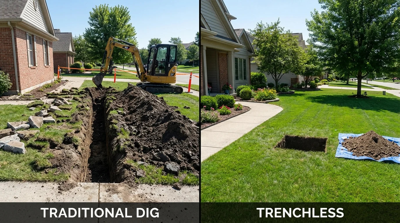 Trenchless sewer repair with minimal yard damage versus traditional excavation in Princeton, WI
