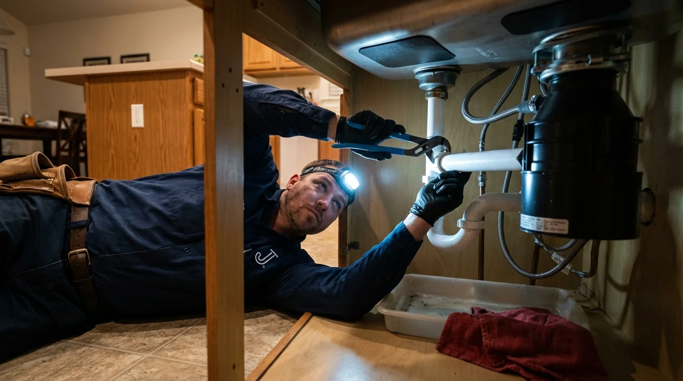 P-trap and supply line connections under a kitchen sink showing a common leak point in Princeton, WI